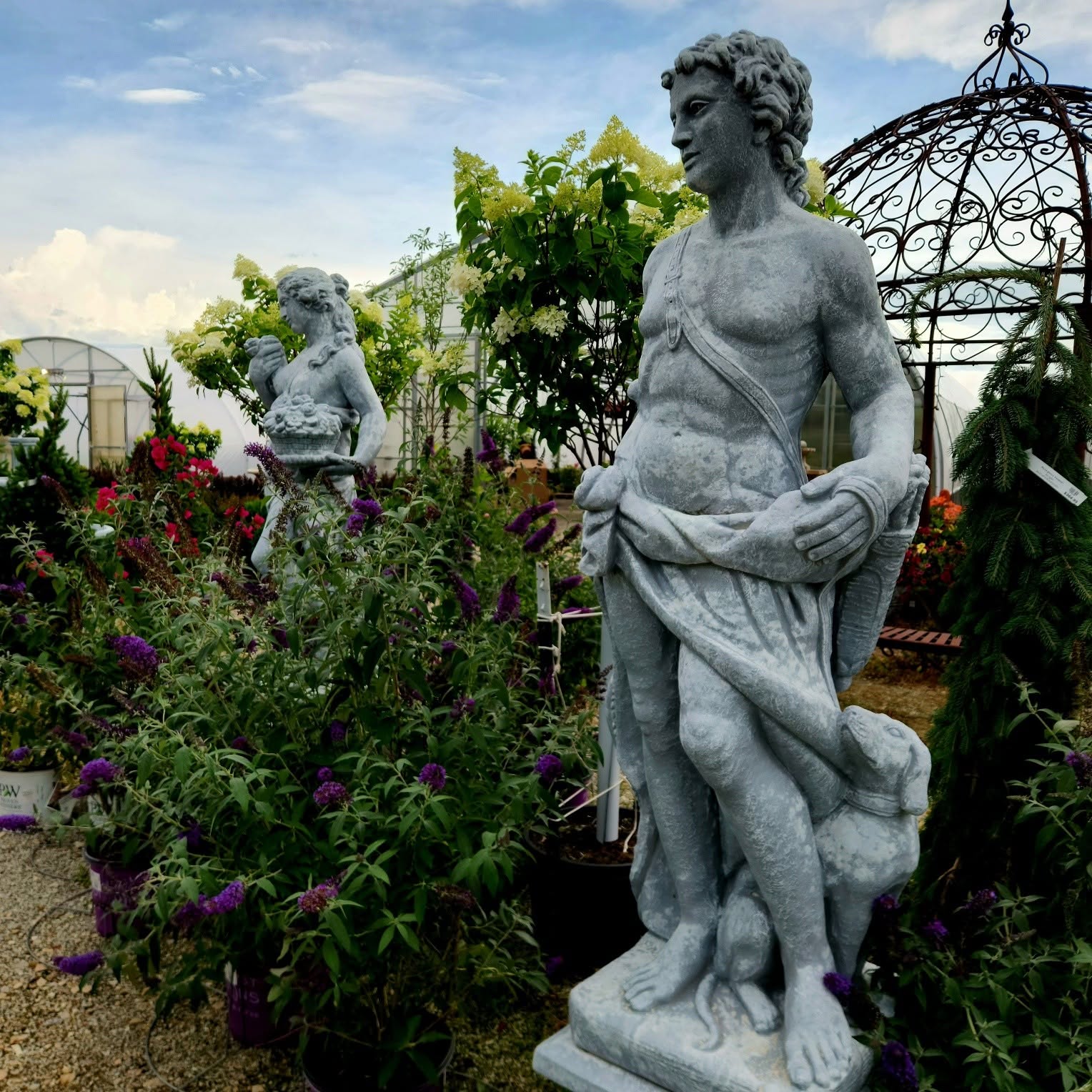 Established plantings and statuary in the display gardens